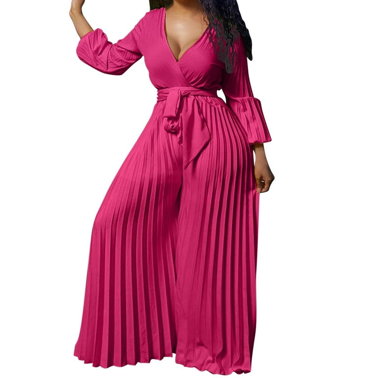 Long Leg Rompers for Women Womens Deep V Neck Long Sleeve Button