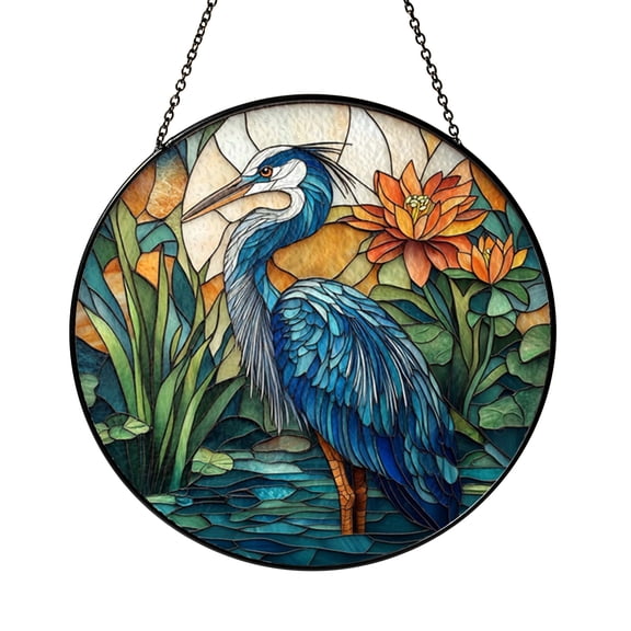 Long-Legged Bird Window Art – Stained Glass Style Lake Scene