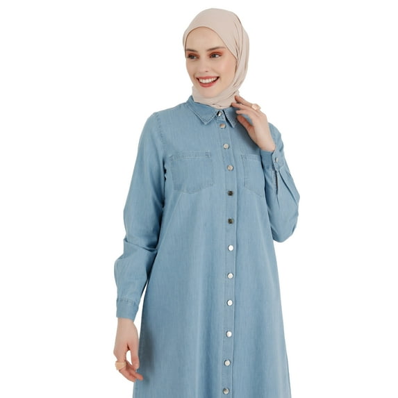 Long Length Denim Tunic Ice Blue With Metal Buttons