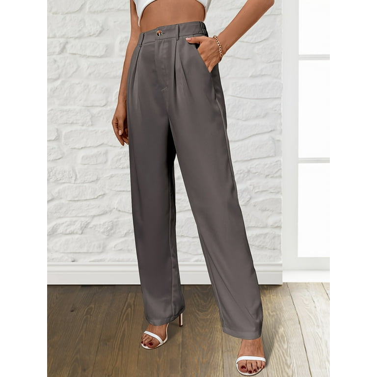 Long Length Loose Fit Solid Color Polyester Pants with Zipper Fly