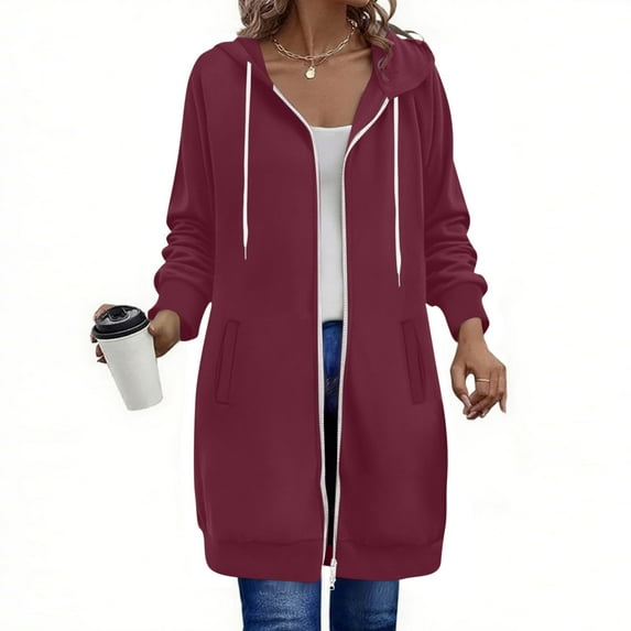 Long Lightweight Jackets for Women Zip Up Trendy Hoodies Long Sleeve Hooded Sweatshirts Drawstring Oversized Loose Fit Casual Coats Solid Color Fall Winter Clothes with Pockets