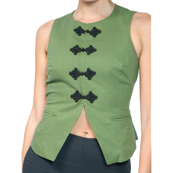 Jess by Meiko Women's Long Line Button Cropped Sleeveless Vest Army Green M