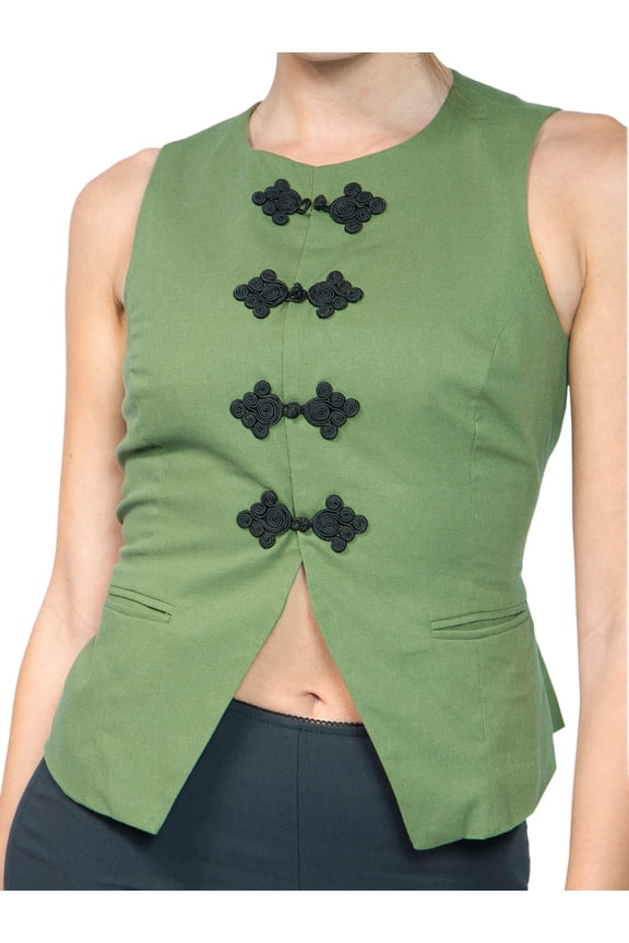 Women's Long Line Button Cropped Sleeveless Vest Army Green M