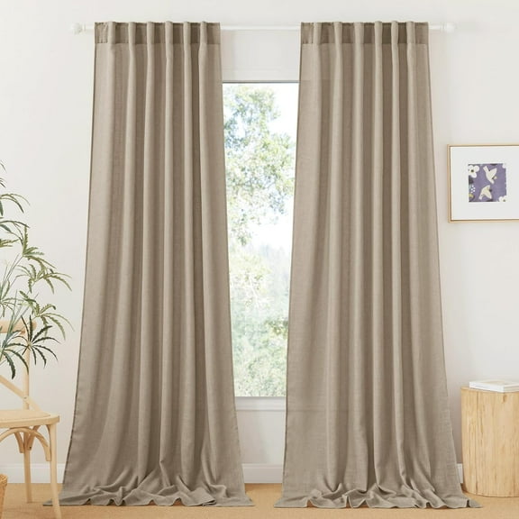 Long Linen Curtains 96 Inches Long for Living Room, Light Airy Breathable Linen Burlap Drapes, 2 Panels Set, Khaki, 70"W x 84"L