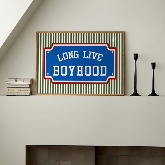 Long Live Boyhood Blue & Green Nursery Striped Boy Room Wall Art Rustic Vintage Kid Decor Boho Cottage Core, Unframed Canvas