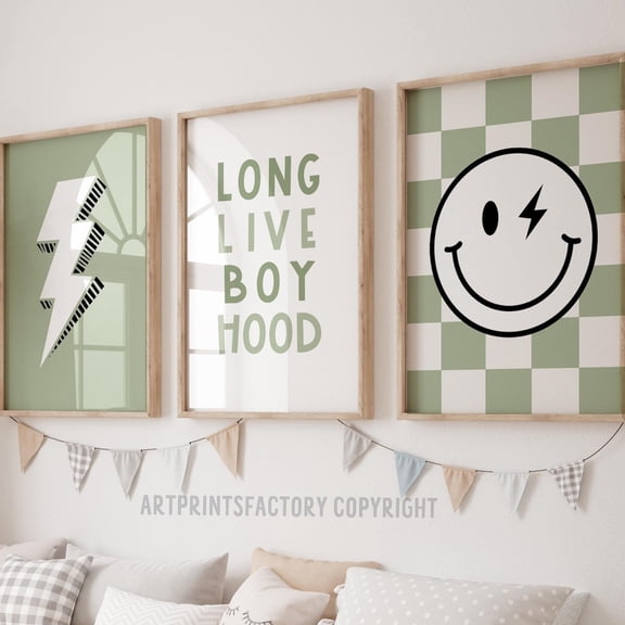 Long Live Boyhood Modern Boy Sage Green Checkered Smile Gallery Wall Toddler Poster Boy Nursery Decor Quote Play, Stretched Canvas