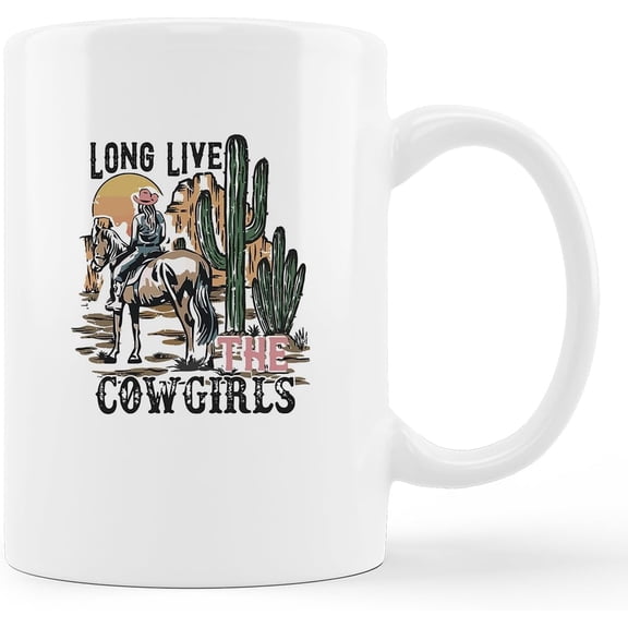 Long Live the Cowgirls Retro Western Cowgirl Horse Riding Rodeo Cactus Sunset Desert Landscape Ceramic Mug-11oz Coffee Milk Tea Mug Cup with Handle,Gifts for Teen Girls Cowboy Cowgirl