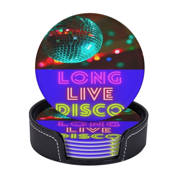 Long Live Disco Coasters With Leather Holder Set Of 6 Round Coasters for Home and Kitchen Decor