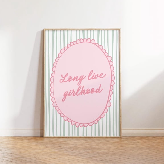 Long Live Girlhood Art Green and Pink Striped Cottagecore Room Decor Unframed Paper Print