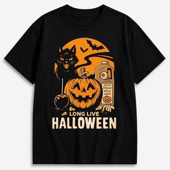 Long Live Halloween Black Cat and Pumpkin Halloween T-Shirt, Funny Spooky Season Graphic Short Sleeve Casual Shirt