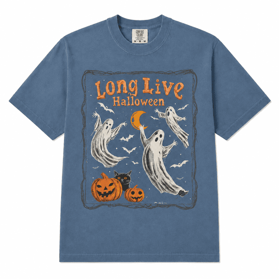Long Live Halloween Ghosts and Pumpkins Graphic T-Shirt, Vintage Moon Bat Black Cat Spooky Season Design Tee for Adults
