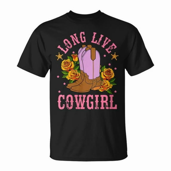 Long Live Western T-Shirt, Country Southern Cowgirl Tee with Rustic Rodeo Graphic, Vintage Western Style Shirt for Women, Farm Life and Cowboy Culture Celebration Apparel, Rodeo , Size S, Color Black