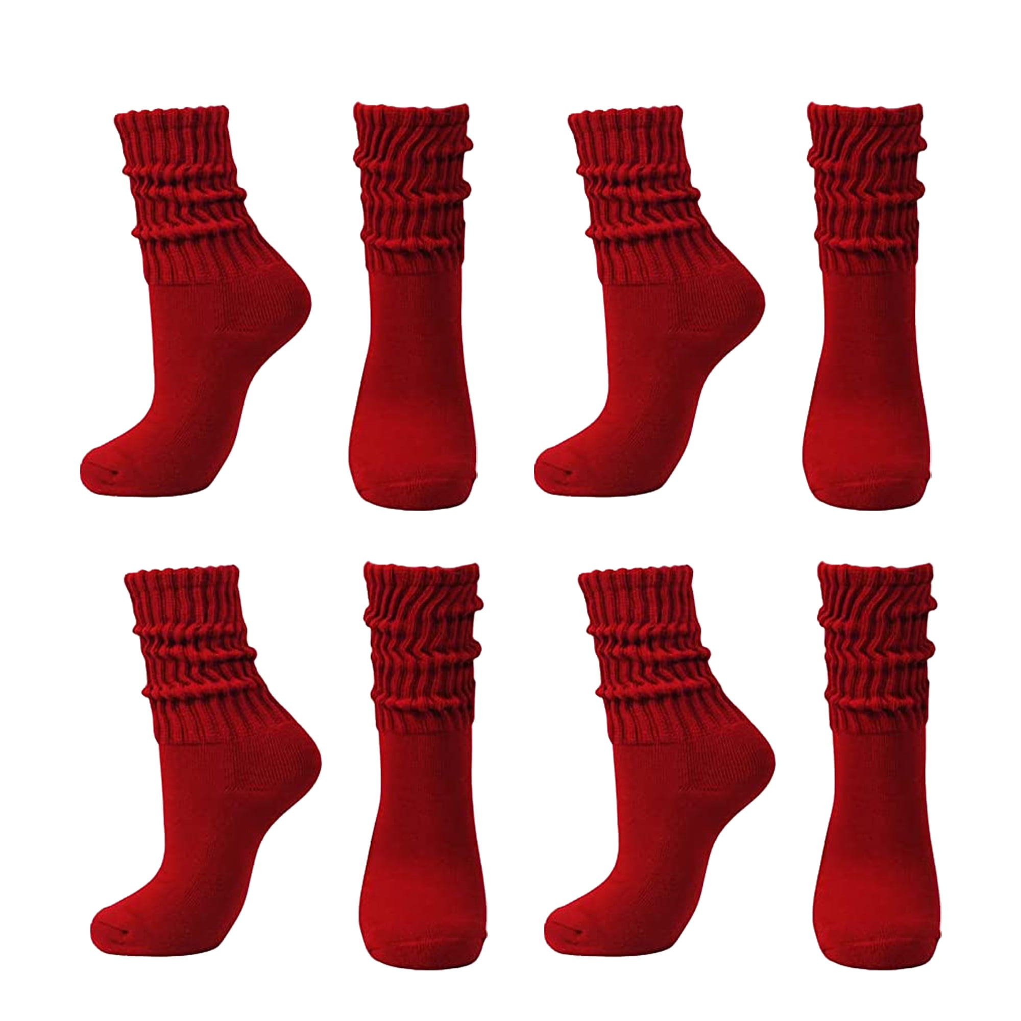 Long Loose Stacked Chunky Cotton Socks for Women,Red-4 Pairs