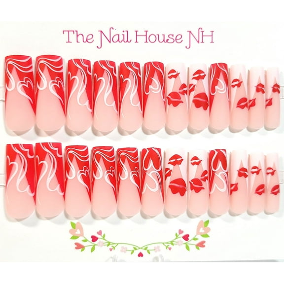 Long Love French Manicure Matte Long Square Press On Nails - 24 Pieces - Artificial Nails - Valentine's Nails