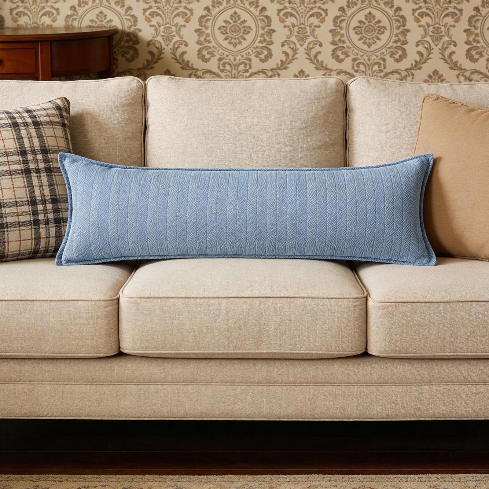 Long Lumbar Body Pillow, 11.8x27.6in Cotton Blend Backrest Cushion with Removable Cover & Insert, Sofa Bolster Pillow for Living Room Bedroom Bed Blue