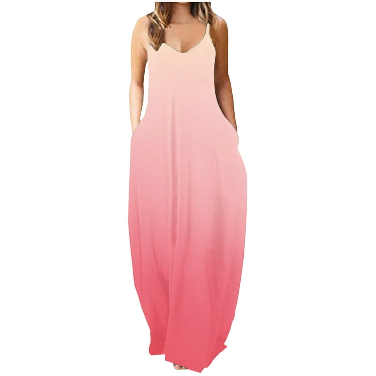 Long Maxi Dress for Women, Summer Sun Dresses with Pockets Spaghetti Strap  Sleeveless Floral Casual Wedding Guest Dresses # Clearance Items Under 5