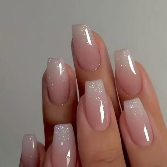 Long Medium Press On Nails Coffin Nails Press Ons Gloss,Baby Pink Color Full Cover Long Fake Nails For Women Girls,Thick Gel Square Tip Nails Acrylic False Nails Set,24 Pcs