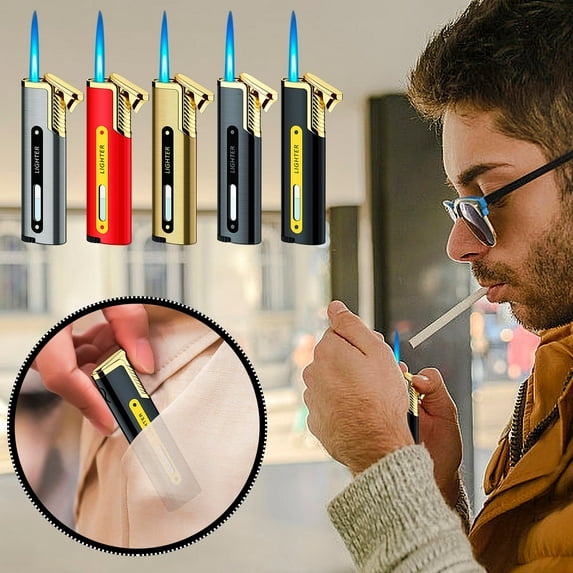 Long Metal Butane Torch Lighter | Adjustable Windproof Blue Flame | Slim Pocket Design | Refillable | Multicolor | 84x11x22mm | Gifts for Men | Outdoor BBQ Candle Fireplace
