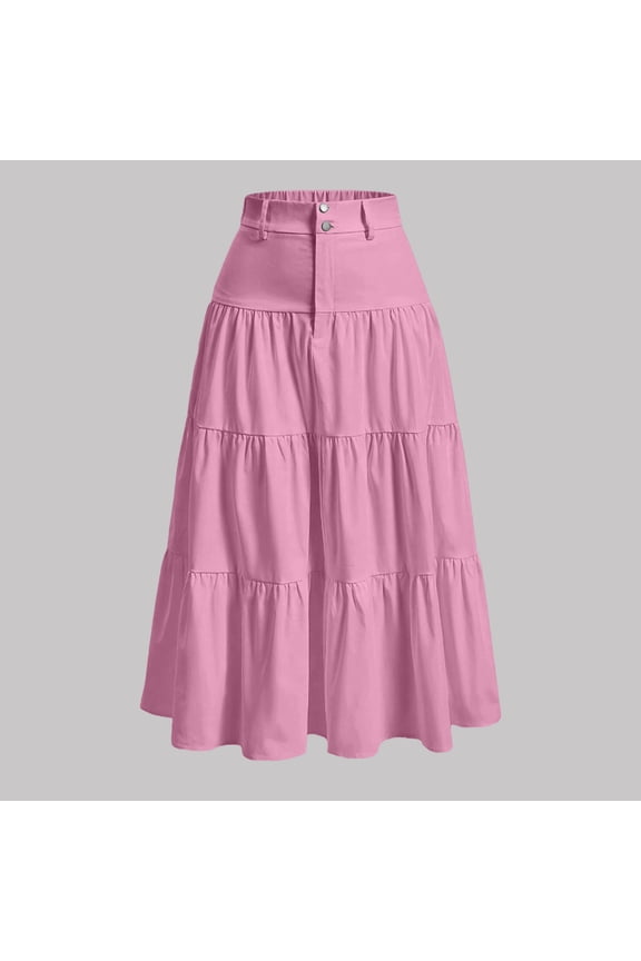 Long Midi Skirts for Women Summer Casual Flowy Boho Tiered High Waist Button Down Maxi Skirt with Pockets