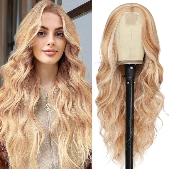 Long Mixed Blonde Wavy Wig for Women 26 Inch Middle Part Curly Wavy Wig Natural Looking Synthetic Heat Resistant Fiber for Daily Party (Mixed Blonde)