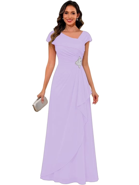 Long Mother of The Bride Dress for Women, Asymmetrical Neck Cap Sleeve Chiffon Formal Evening Gown with Rhinestone Appliqué WM031
