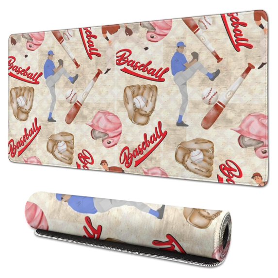 Long Mouse Pads for Desk,Beige Baseball Elements Pattern Desk Mats on Top Of Desks, Desk Mouse Pad Extra Large with 3mm Non-Slip Base and Stitched Edge for Gaming,Office,Work,Home 31.5"x15.7"