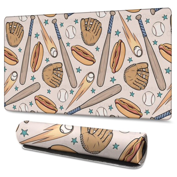 Long Mouse Pads for Desk,Beige Baseball Items Pattern Desk Mats on Top Of Desks, Desk Mouse Pad Extra Large with 3mm Non-Slip Base and Stitched Edge for Gaming,Office,Work,Home 47.3"x23.6"