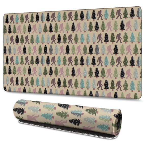Long Mouse Pads for Desk,Beige Bigfoot and Pine Tree Pattern Desk Mats on Top Of Desks, Desk Mouse Pad Extra Large with 3mm Non-Slip Base and Stitched Edge for Gaming,Office,Work,Home 47.3"x23.6"