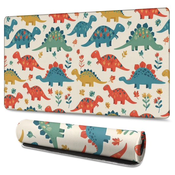Long Mouse Pads for Desk,Beige Cartoon Dinosaurs Flowers Pattern Desk Mats on Top Of Desks, Desk Mouse Pad Extra Large with 3mm Non-Slip Base and Stitched Edge for Gaming,Office,Work,Home 47.3"x23.6"