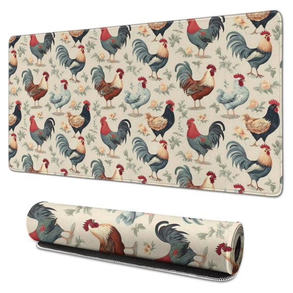 Long Mouse Pads for Desk,Beige Chicken Floral Pattern Desk Mats on Top Of Desks, Desk Mouse Pad Extra Large with 3mm Non-Slip Base and Stitched Edge for Gaming,Office,Work,Home 31.5x15.7in