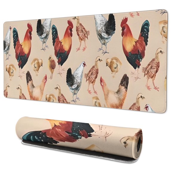 Long Mouse Pads for Desk,Beige Chicken Watercolor Pattern Desk Mats on Top Of Desks, Desk Mouse Pad Extra Large with 3mm Non-Slip Base and Stitched Edge for Gaming,Office,Work,Home 35.4x15.7in