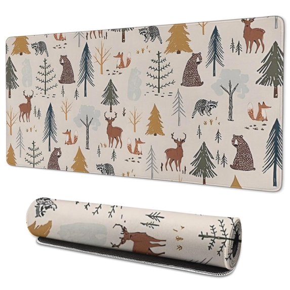 Long Mouse Pads for Desk,Beige Christmas Forest Animal Pattern Desk Mats on Top Of Desks, Desk Mouse Pad Extra Large with 3mm Non-Slip Base and Stitched Edge for Gaming,Office,Work,Home 35.4x15.7in