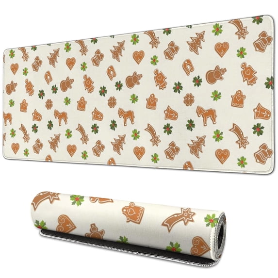 Long Mouse Pads for Desk,Beige Christmas Gingerbread Pattern Desk Mats on Top Of Desks, Desk Mouse Pad Extra Large with 3mm Non-Slip Base and Stitched Edge for Gaming,Office,Work,Home 31.5x11.8in