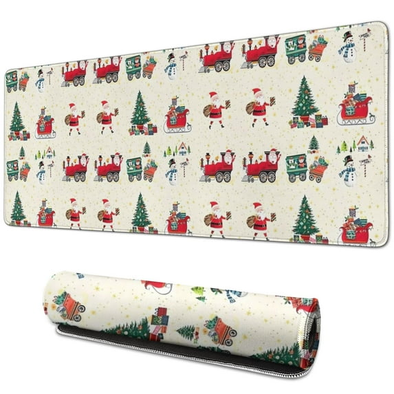 Long Mouse Pads for Desk,Beige Christmas Santa and Train Pattern Desk Mats on Top Of Desks, Desk Mouse Pad Extra Large with 3mm Non-Slip Base and Stitched Edge for Gaming,Office,Work,Home 31.5x11.8in