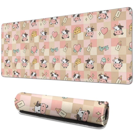 Long Mouse Pads for Desk,Beige Cow Checker Pattern Desk Mats on Top Of Desks, Desk Mouse Pad Extra Large with 3mm Non-Slip Base and Stitched Edge for Gaming,Office,Work,Home 31.5"x11.8"