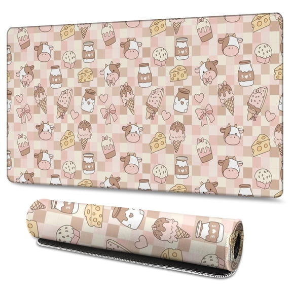 Long Mouse Pads for Desk,Beige Cow Dessert Pattern Desk Mats on Top Of Desks, Desk Mouse Pad Extra Large with 3mm Non-Slip Base and Stitched Edge for Gaming,Office,Work,Home 47.3"x23.6"