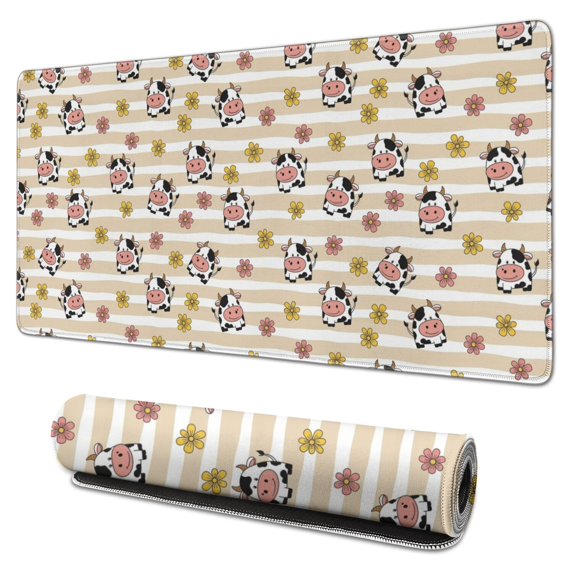 Long Mouse Pads for Desk,Beige Cow Flower Pattern Desk Mats on Top Of Desks, Desk Mouse Pad Extra Large with 3mm Non-Slip Base and Stitched Edge for Gaming,Office,Work,Home 31.5"x15.7"
