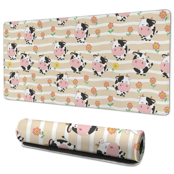 Long Mouse Pads for Desk,Beige Cow Flower Pattern Desk Mats on Top Of Desks, Desk Mouse Pad Extra Large with 3mm Non-Slip Base and Stitched Edge for Gaming,Office,Work,Home 35.4"x15.7"