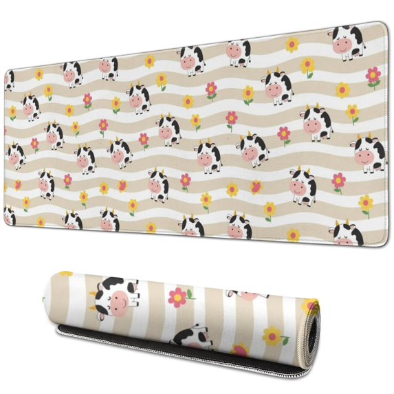 Long Mouse Pads for Desk,Beige Cow Flower Pattern Desk Mats on Top Of Desks, Desk Mouse Pad Extra Large with 3mm Non-Slip Base and Stitched Edge for Gaming,Office,Work,Home 31.5"x11.8"