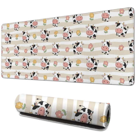 Long Mouse Pads for Desk,Beige Cow Flower Pattern Desk Mats on Top Of Desks, Desk Mouse Pad Extra Large with 3mm Non-Slip Base and Stitched Edge for Gaming,Office,Work,Home 31.5"x11.8"
