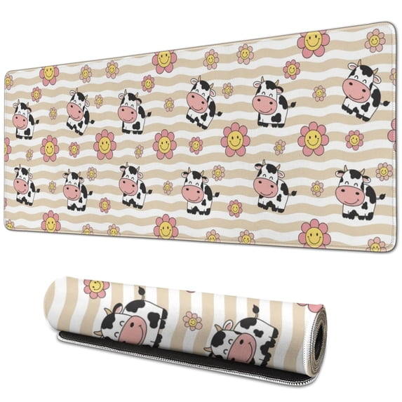 Long Mouse Pads for Desk,Beige Cow Flower Pattern Desk Mats on Top Of Desks, Desk Mouse Pad Extra Large with 3mm Non-Slip Base and Stitched Edge for Gaming,Office,Work,Home 31.5"x11.8"