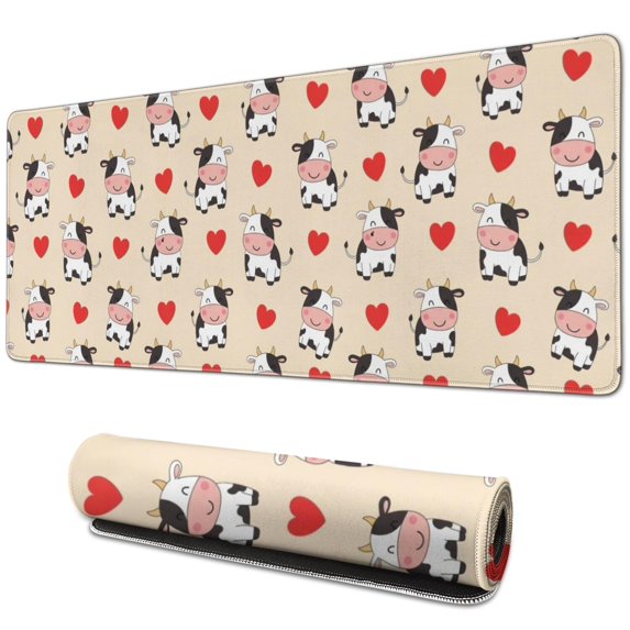 Long Mouse Pads for Desk,Beige Cow Heart Pattern Desk Mats on Top Of Desks, Desk Mouse Pad Extra Large with 3mm Non-Slip Base and Stitched Edge for Gaming,Office,Work,Home 31.5"x11.8"
