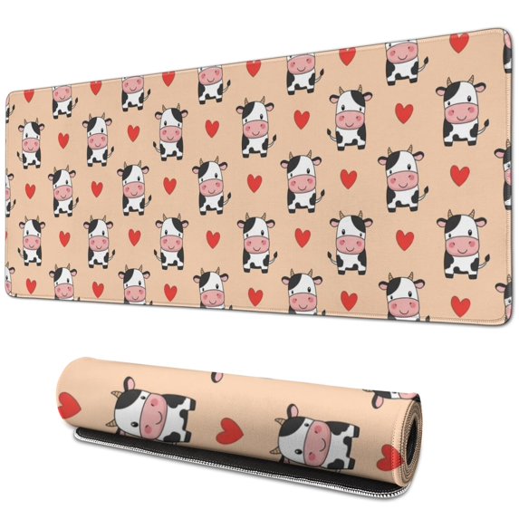 Long Mouse Pads for Desk,Beige Cow Heart Pattern Desk Mats on Top Of Desks, Desk Mouse Pad Extra Large with 3mm Non-Slip Base and Stitched Edge for Gaming,Office,Work,Home 31.5"x11.8"