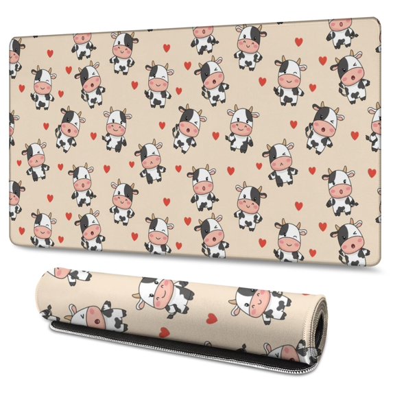 Long Mouse Pads for Desk,Beige Cow Heart Pattern Desk Mats on Top Of Desks, Desk Mouse Pad Extra Large with 3mm Non-Slip Base and Stitched Edge for Gaming,Office,Work,Home 47.3"x23.6"