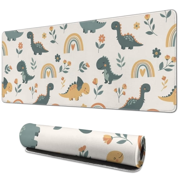 Long Mouse Pads for Desk,Beige Dinosaurs Rainbows Flowers Pattern Desk Mats on Top Of Desks, Desk Mouse Pad Extra Large with 3mm Non-Slip Base and Stitched Edge for Gaming,Office,Work,Home 31.5"x11.8"