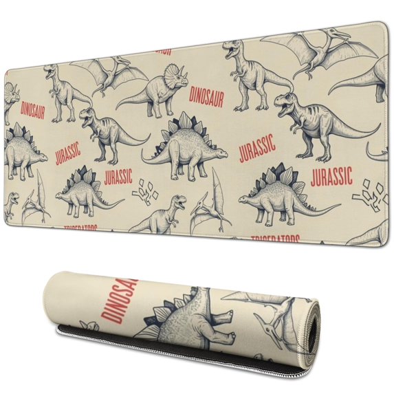 Long Mouse Pads for Desk,Beige Dinosaurs Text Pattern Desk Mats on Top Of Desks, Desk Mouse Pad Extra Large with 3mm Non-Slip Base and Stitched Edge for Gaming,Office,Work,Home 31.5"x11.8"