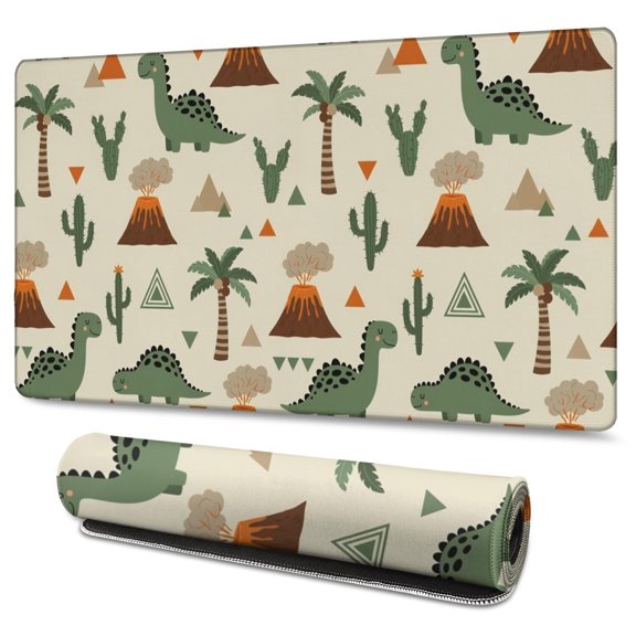 Long Mouse Pads for Desk,Beige Dinosaurs Volcanoes Pattern Desk Mats on Top Of Desks, Desk Mouse Pad Extra Large with 3mm Non-Slip Base and Stitched Edge for Gaming,Office,Work,Home 47.3"x23.6"