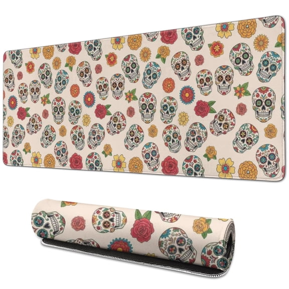 Long Mouse Pads for Desk,Beige Floral Skull Pattern Desk Mats on Top Of Desks, Desk Mouse Pad Extra Large with 3mm Non-Slip Base and Stitched Edge for Gaming,Office,Work,Home 31.5"x11.8"