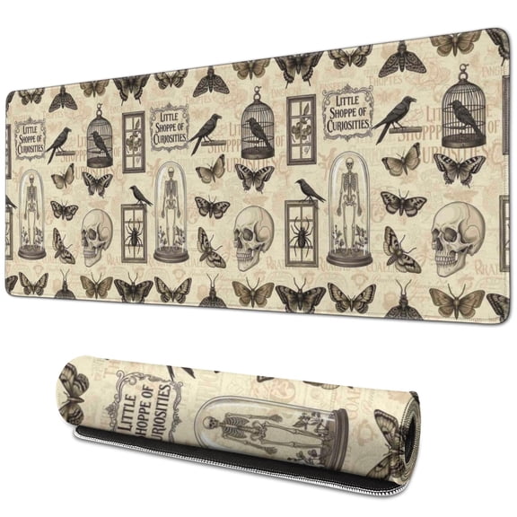 Long Mouse Pads for Desk,Beige Gothic Skull Butterfly Birdcage Desk Mats on Top Of Desks, Desk Mouse Pad Extra Large with 3mm Non-Slip Base and Stitched Edge for Gaming,Work,Home 31.5"x11.8"