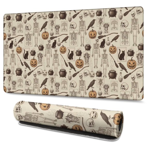 Long Mouse Pads for Desk,Beige Halloween Skull Pumpkin Cat Desk Mats on Top Of Desks, Desk Mouse Pad Extra Large with 3mm Non-Slip Base and Stitched Edge for Gaming,Work,Home 47.3"x23.6"